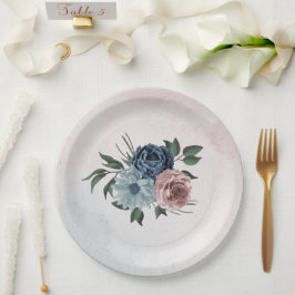 Prato De Papel marinho azul-rosa, poeirento, azul floral, casamen