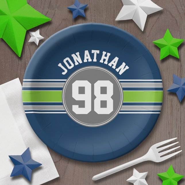Prato De Papel Marinho azul Verde Sports Jersey Stripe Nome (Personalized party plates - sports theme for birthday or any occasion)