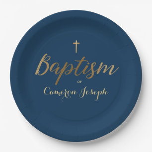Prato De Papel Marinho Blue Dourado Cross Personalizado Bebê Bap