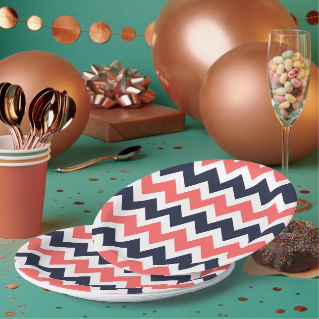 Prato De Papel Marinho Blue e Coral Chevron (Múltiplo)