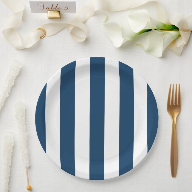 Prato De Papel Marinho Blue Stripes, White Stripes, Padrão Stripe (Casamento)