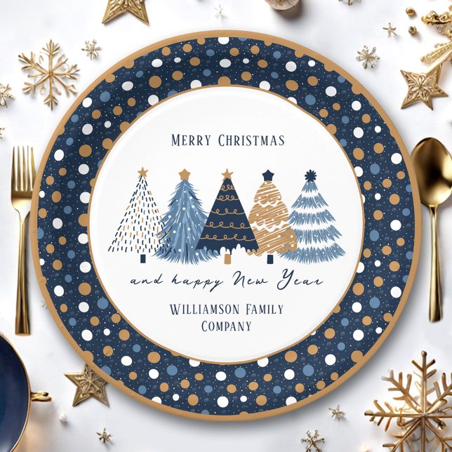 Prato De Papel Marinho Blue Trets Dots Natal Moderno (Navy Blue Trees Dots Modern Christmas Holiday Paper Plates)