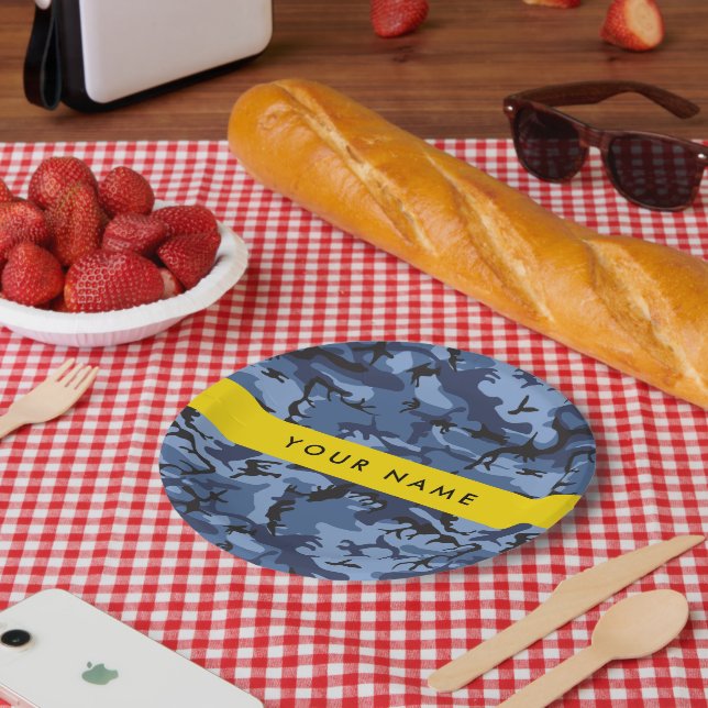 Prato De Papel Marinho Camuflagem Azul Seu nome Personaliza (Piquenique)