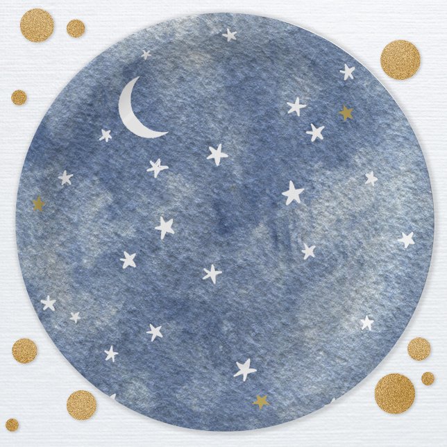 Prato De Papel Marinho Celestial Estrela Azul Cor da Água (Moon and stars celestial watercolor navy blue gold and white party paper plates)