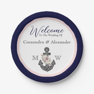 Prato De Papel Marinho de Âncora Floral de Casamento Náutico Azul