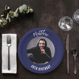 Prato De Papel Marinho de aniversário, foto azul branca