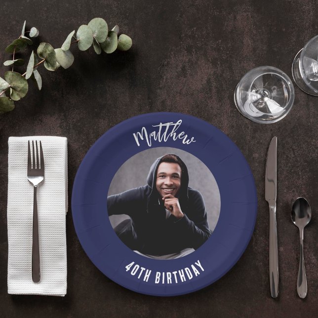 Prato De Papel Marinho de aniversário, foto azul branca (Criador carregado)