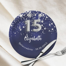 Prato De Papel Marinho de Quinceanera estrelas de prata azul