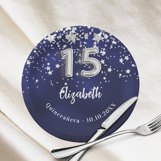 Prato De Papel Marinho de Quinceanera estrelas de prata azul (Criador carregado)