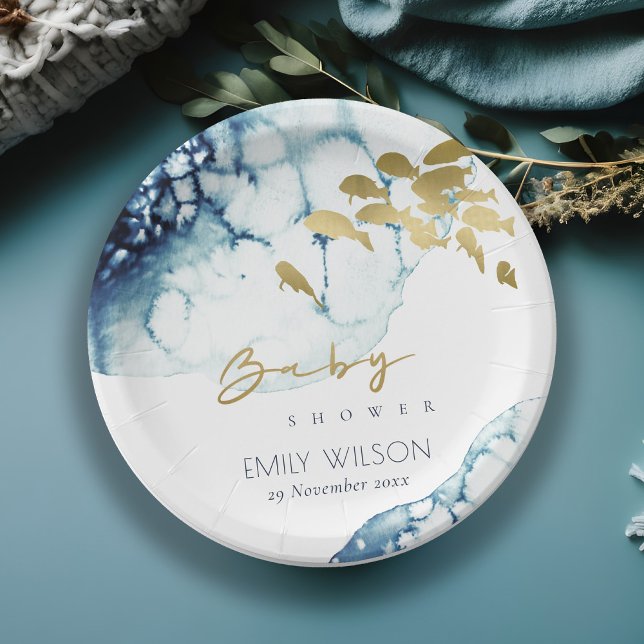 PRATO DE PAPEL MARINHO DOURADO ELEGANTE SUBÁGUA CHÁ DE FRALDAS DE (Criador carregado)