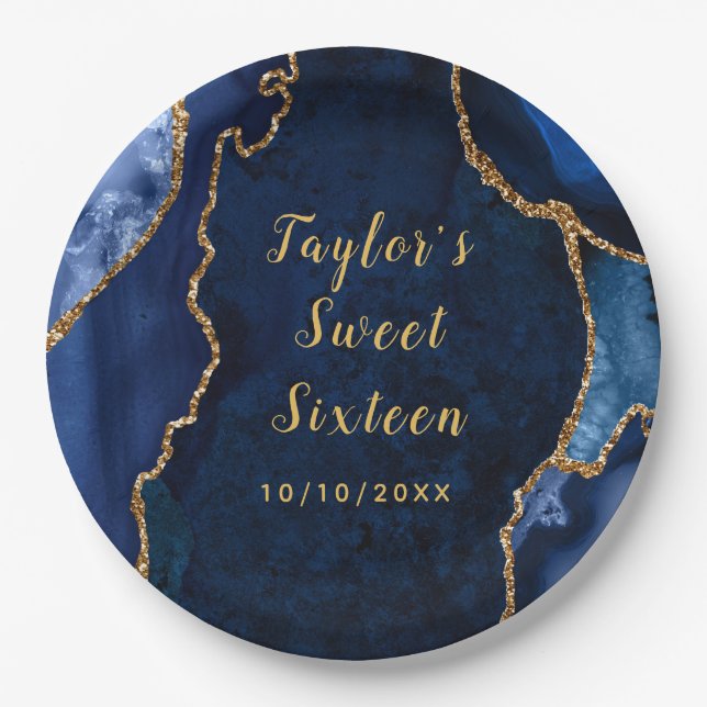 Prato De Papel Marinho e Agate Dourado Marble Sweet 16 (Frente)
