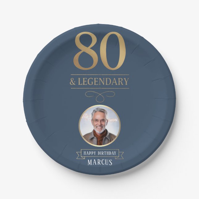 Prato De Papel Marinho Elegante e 80 Dourado e aniversário lendár (Frente)