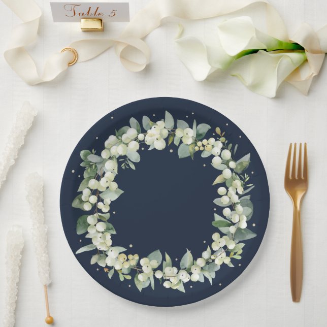 Prato De Papel Marinho Elegante Snowberry+Eucalyptus Wreath Casam (Casamento)
