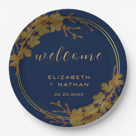 Prato De Papel Marinho Floral Dourado Clássico Boas-vindas