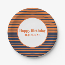 Prato De Papel Marinho Laranja Personalizado Azul Estimulado Aniv