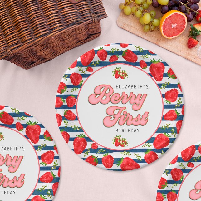 Prato De Papel Marinho moderno - Azul e White Stripes Berry Prime (Criador carregado)