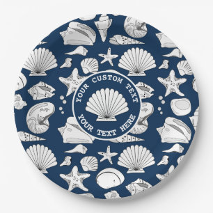 Prato De Papel Marinho Náutico Personalizado da Seashell Azul 9"