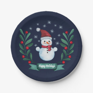 Prato De Papel Marinho Personalizado de Snowman de Natal Azul