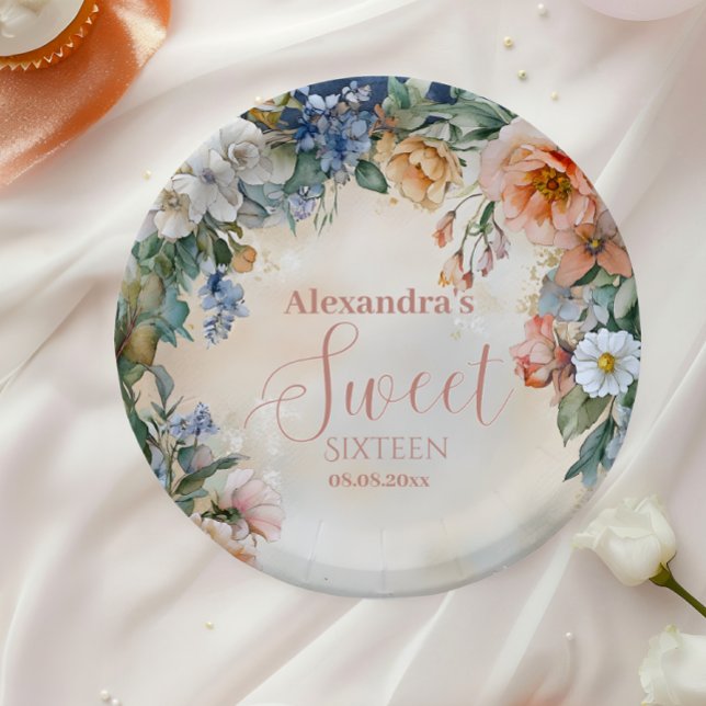 Prato De Papel Marinho romântico Pastel Wildflower Sweet 16 (Criador carregado)