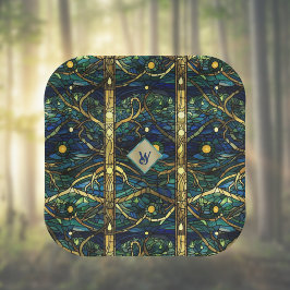 Prato De Papel Marinho Teal e Floresta Dourada de Luar com Monogr