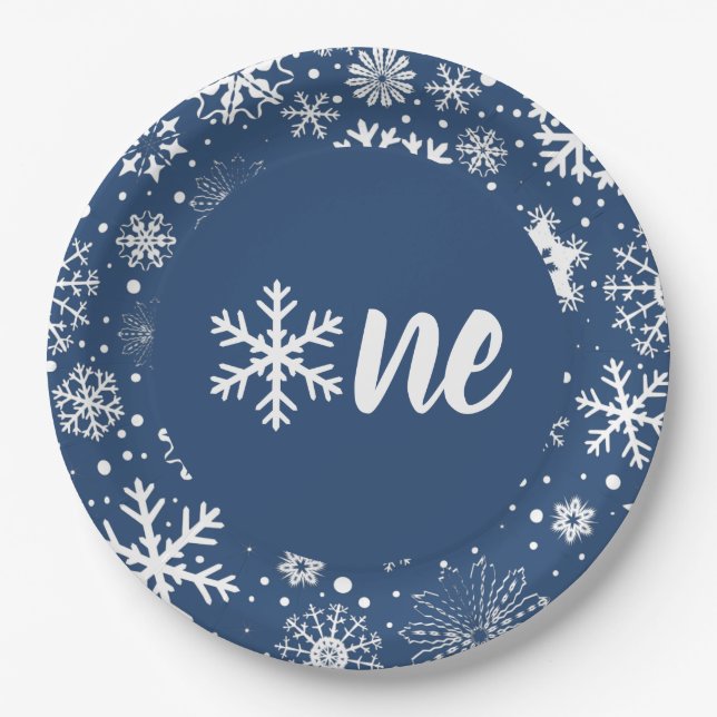 Prato De Papel Marinho Winter First Birthday Snowflake One Plates (Frente)