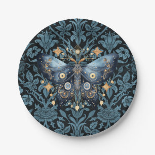 Prato De Papel Mariposa Noturna Mística em Aquarela Azul e Dourad