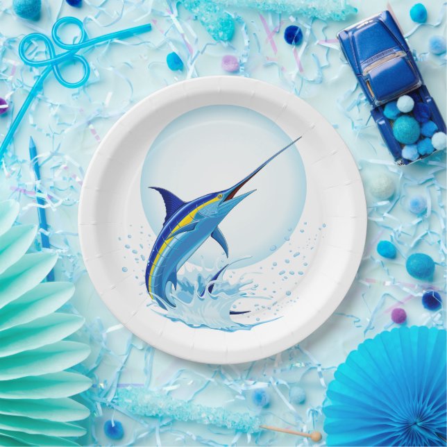 Prato De Papel Marlin Azul Saltando do Oceano (Festa)