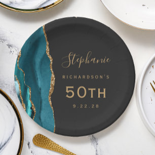 Prato De Papel Mármore Ágata Azul Teal Dourado Aniversário de 50 