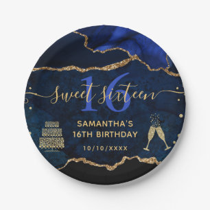 Prato De Papel Mármore Ágata Brilho Azul e Dourado Sweet 16