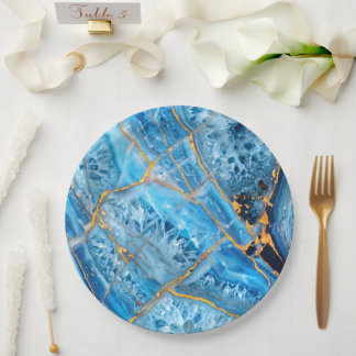 Prato De Papel Mármore Azul e Dourado