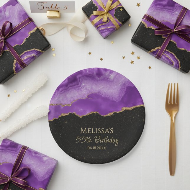 Prato De Papel Mármore de Aquarela com Brilho Dourado Roxo (Criador carregado)
