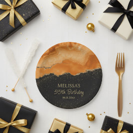 Prato De Papel Mármore em Aquarela com Brilho Dourado Laranja Que