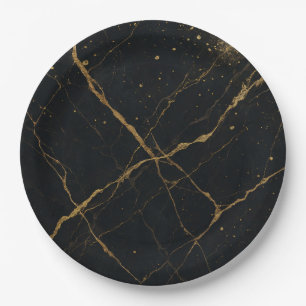 Prato De Papel Mármore Meia-Noite Dourado Preto & Dourado Casamen