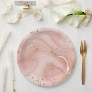 Prato De Papel Mármore Rosa Bege com Brilho Dourado Padrão Abstra