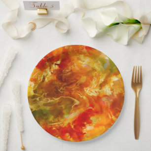 Prato De Papel Mármore vermelho, ouro, laranja, placa de impressã