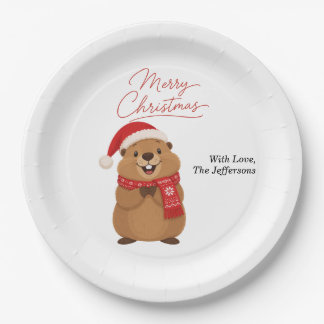 Prato De Papel Marmota de Natal Fofo com Chapéu de Papai Noel e C