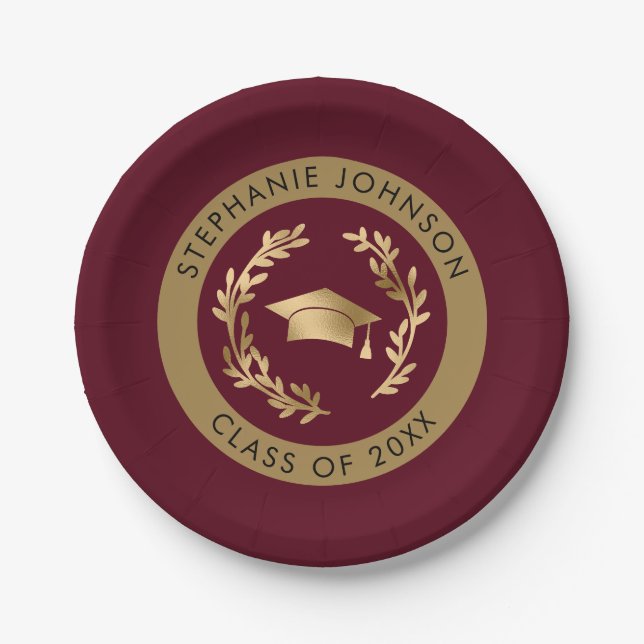 Prato De Papel Maroon and Gold Grad Cap Class of 20XX Party (Frente)