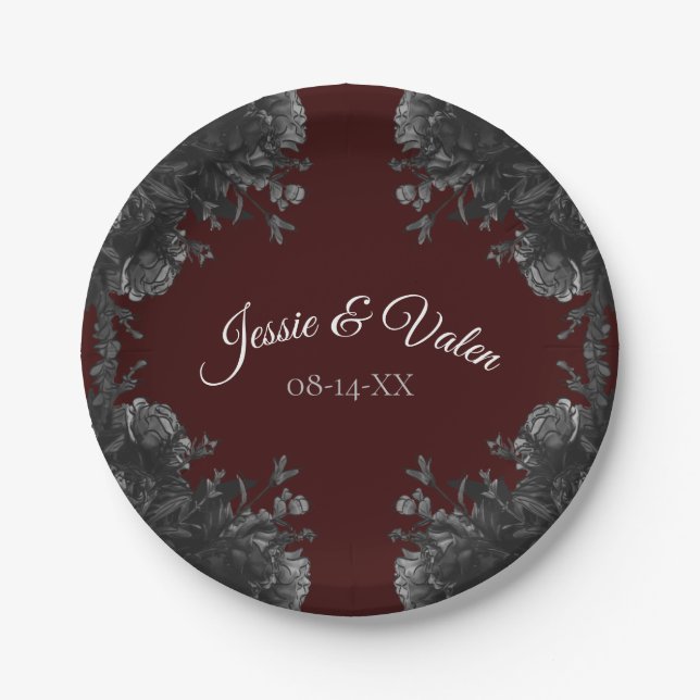 Prato De Papel Maroon Black Cinza Rosa Gothic Weding (Frente)
