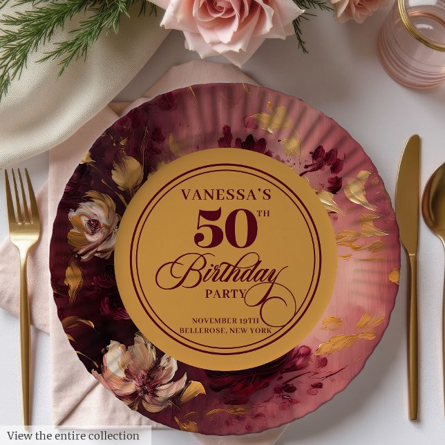 Prato De Papel Maroon Blush Dourado Floral 50º Aniversário (Lovely Maroon Blush Gold Floral 50th Birthday Paper Plates)