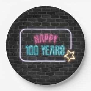 Prato De Papel Marque Neon 100th Birthday em Placa de Papel Brick