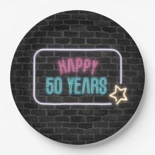 Prato De Papel Marquee Neon 50th Birthday Em Placa De Papel Brick