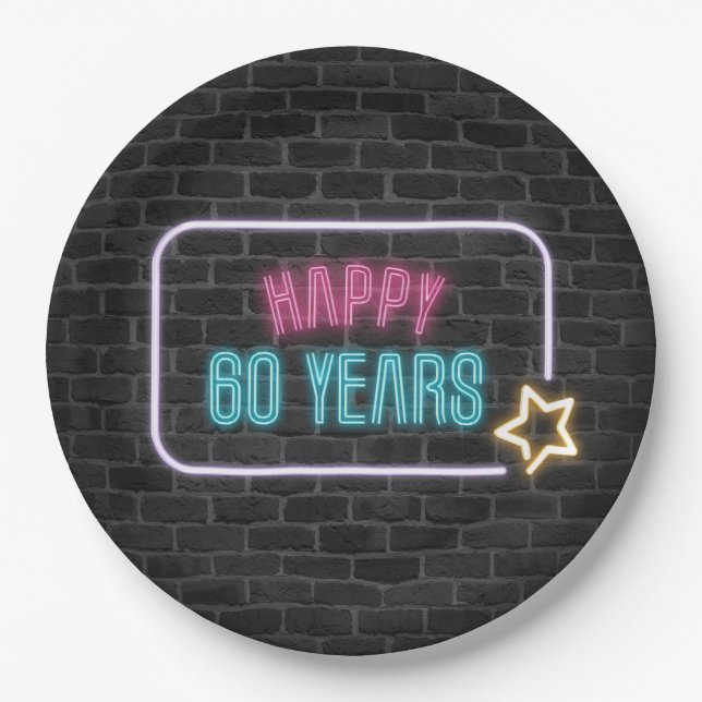 Prato De Papel Marquee Neon 60th Birthday em Placa de Papel Brick (Frente)