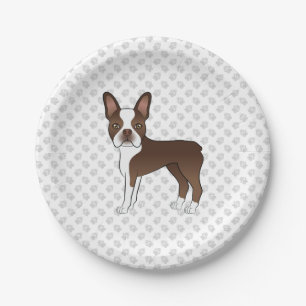 Prato De Papel Marrom Boston Terrier Cute Cartoon Cachorro e Cinz