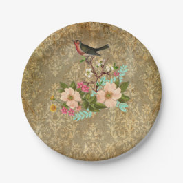 Prato De Papel marrom floral do victorian do pássaro do damasco