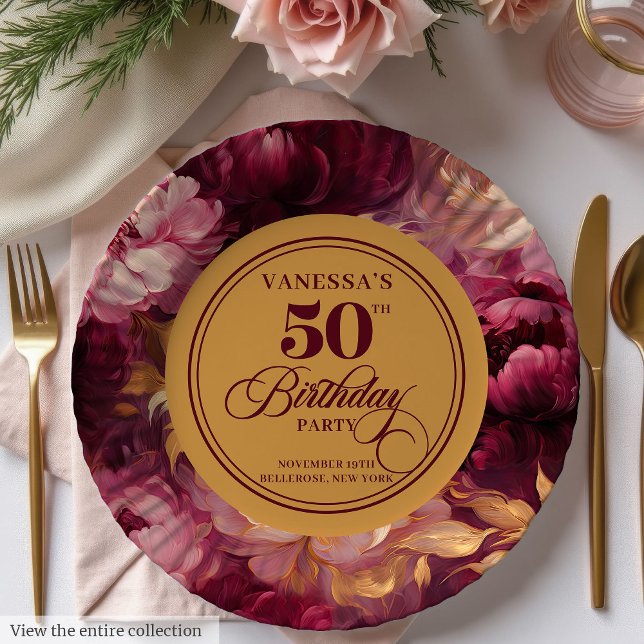 Prato De Papel Marsala esfrega ouro floral mulher 50 anos (Marsala blush gold floral woman 50th birthday Paper Plates)