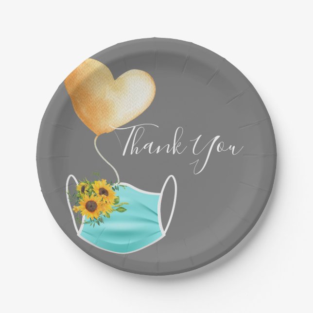 Prato De Papel Máscara Covid e Flores Obrigado (Frente)