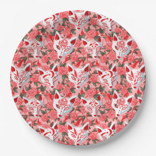 Prato De Papel Máscaras de Kitsune e camélia rosa em flor