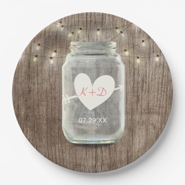 Prato De Papel Mason Jar & String Luzes Rustic Barn Wood Casament (Frente)