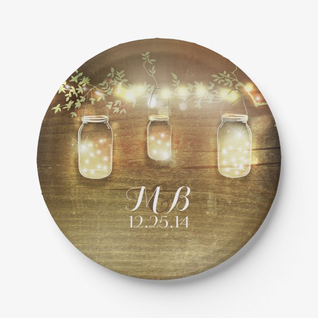 Prato De Papel Mason Jars e String Lights Rustic (Frente)