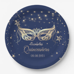 Prato De Papel Masquerade, Navy Blue Stars  Quinceañera